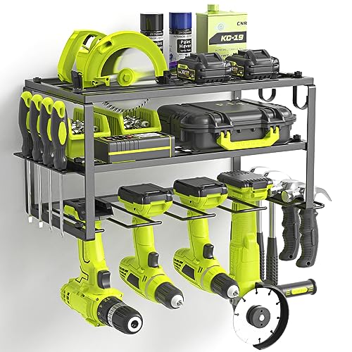 SUNALLY Power Tool Organizer, Heavy Duty Iron, 3 Layers Storage Rack with 4 Drill Holders, Floating Tool Shelf Wall Mounted, Matte Black, Work Shop, Garage, 150Lbs Load Capacity - style: 4 Drill Holders A