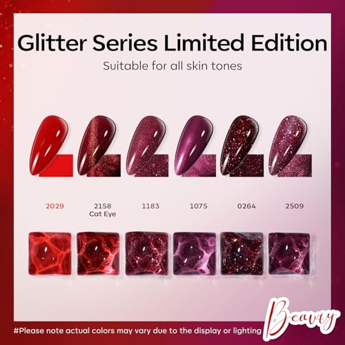 modelones Gel Nail Polish Set, Red Burgundy Purple Glitter Cat Eye Shimmer - color: A-1 Crimson Spark