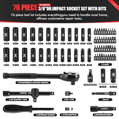 TILIBOTE 3/8“ Impact Socket Set, 74-Piece Drive 6-Point Deep Socket Wrench Set with 72-Tooth Ratchet, Standard SAE 5/16” - 7/8" & Metric 8mm - 22mm, Set for Home Use and Automotive Repair. - size: 3/8"