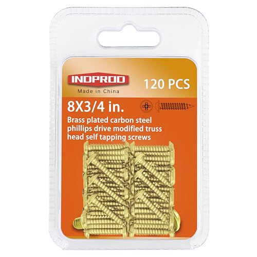 INDOROD #8 x 3/4" Truss Head Phillips Wood Screw (120 Pack), Brass Plated Screws, Self Tapping Wood Screws, Modified Truss Head, Brass Screws for Wood, 8 x 3/4 Inch, Gold - size: #8 x 3/4"