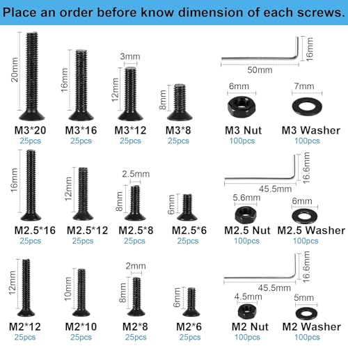 900PCS Flat Head Hex Socket Cap Screws Assortment Kit, Small M2 M2.5 M3 Bolts and Nuts Washers Set, Allen Head Machine Screws, 10.9 Grade Alloy Steel Black, Fully Threaded, Come With Hex Wrench