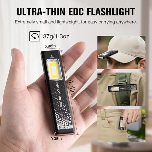 RECHOO Flat EDC Flashlight Rechargeable, 8-Mode Slim Pocket Flashlight with Magnetic Base & Clip, Lightweight Mini Rechargeable Flashlights for Home, Work, Camping, Car Repair & Emergencies - color: Black