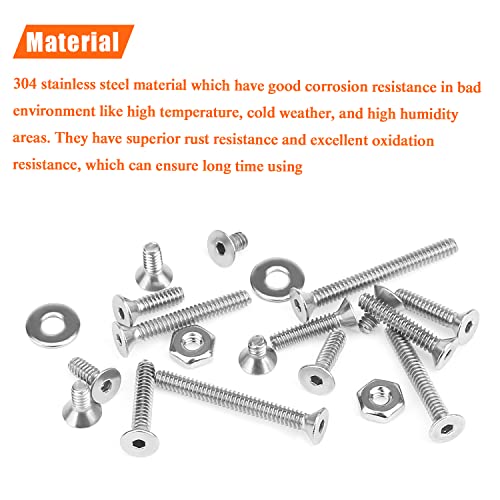 HELIFOUNER 250 Pieces #6-32 x 1/4" 5/16" 3/8" 1/2" 5/8" 3/4" 1" 1-1/4", Countersunk Head Socket Cap Screws Bolts Washers Nuts Kit, Coarse Thread, Fully Machine Threaded, 304 Stainless Steel - size: #6-32, style: Countersunk Head