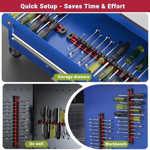 Preciva 2 PCS Magnetic Tool Holder with 24 Sliding Clips, Triple Strong Magnets & Aluminum Rails, Compact Screwdriver Organizer and Wrench Organizer for Garage Workshop Tool Box Storage
