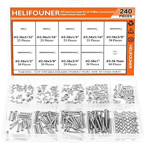 HELIFOUNER 240 Pieces #2-56 Phillips Countersunk Head Machine Screws Nuts Assortment Kit, Coarse Thread, Fully Machine Threaded, 304 Stainless Steel - size: #2-56