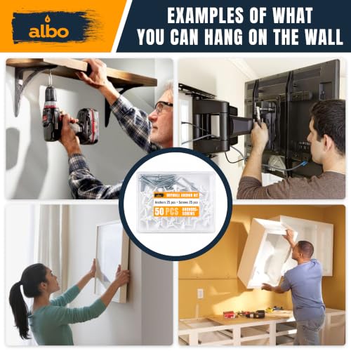 ALBO Drywall Anchor Kit Hollow Wall with Screws 50 pcs. (White Anchor 25pcs + Screws 25pcs) Plastic Hollow Wall Drilling Anchors - color: White 25pcs