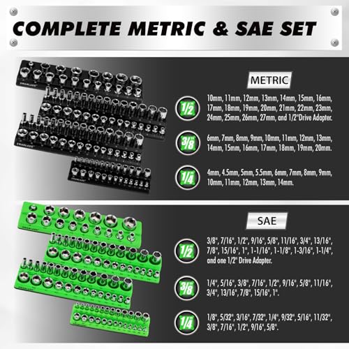 10-Piece Magnetic Socket and Wrench Organizer Set, 1/4", 3/8", 1/2" Drive Metric SAE Socket Organizer, Magnetic Wrench Holder 30 Slots Total, Tool Box Organizers (Sockets Wrenches not Included) - style: 10PCS Organizer Set
