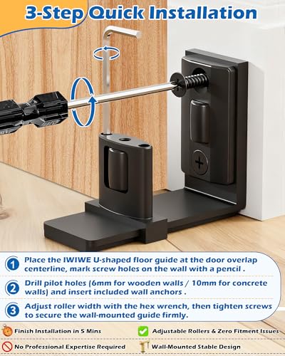 IWIWE Sliding Barn Door Bottom Floor Guide, Wall Mount Adjustable U-Shape Flush Design, Smooth Nylon Rollers Quiet & Stable, Black (1 Pack) - size: U-Shape Guide - 1 Pack