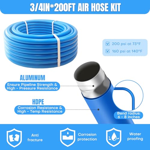 3/4 Inch x 200 FT Shop Air Line Kit, Compressed Air Piping System for Shop, Garage, HDPE Tubing and Aluminum Rapid Air System Includes Right Angle Fittings and Tee Fittings, Air Line Tubing Kit - size: 3/4" x 200ft