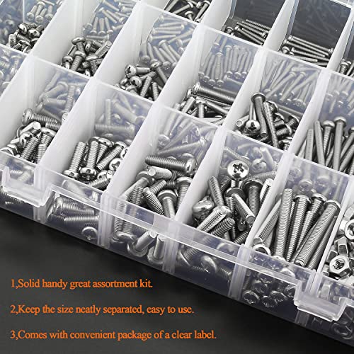 HELIFOUNER 1500 Pieces M2 M3 M4, 304 Stainless Steel Phillips Pan Head Machine Screws Bolts Washers Nuts Hardware Assortment Kit - style: Phillips Pan Head