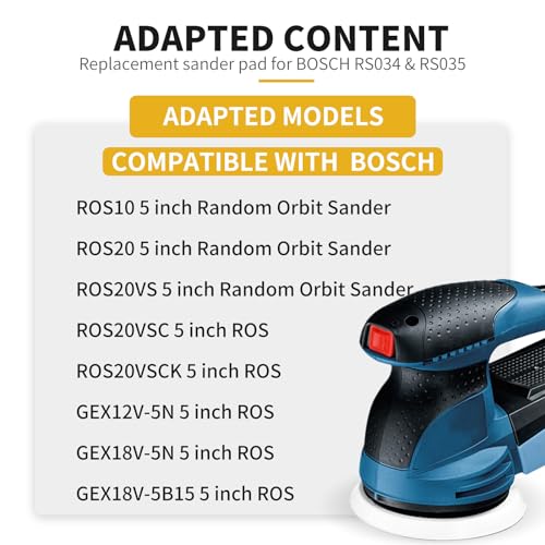 5" Hook & Loop Replacement Sander Pad RS034 & RS035 Compatible with Bosch Random Orbital Sander ROS20 ROS20VS GEX12V with 4 PCS Foam Pad & 36 PCS Sanding Discs 100 150 180 240 320 400 Grits - style: For RS034 & RS035