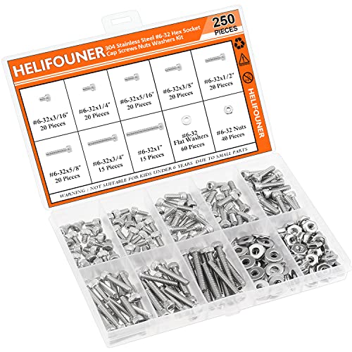 HELIFOUNER 250 Pieces #6-32 x 3/16" 1/4" 5/16" 3/8" 1/2" 5/8" 3/4" 1", Hex Socket Head Cap Screws Bolts Washers Nuts Kit, Coarse Thread, Fully Machine Threaded, 304 Stainless Steel - size: #6-32, style: Socket Head