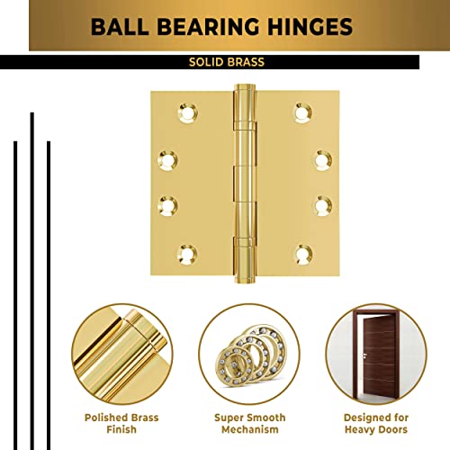 Solid Brass Door Hinge Heavy Duty Ball Bearing Polished Tarnish Aged Patina Gold 4x4 Inch - Set of 2 Hinges (Non Lacquered Brass) - color: Unlacquered Brass