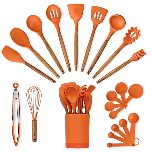SMIRLY Silicone Kitchen Utensils Set, 22-Piece Acacia Wood Handle, Orange - color: Orange