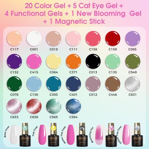 ROSALIND 30pcs Colors Gel Nail Polish Set with Cateye Gel and Base Top Coat | 20 Nude Pink Red Blue Color Gel Polish,5pcs Cat Eye Gel Nail Polish,Blooming gel,3Pcs Glossy Matte Glitter Top Coat,Base Coat - color: All Moods 25+5 Colors