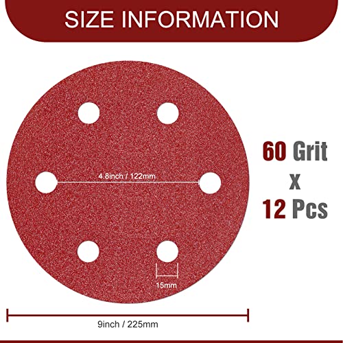 Awutzut 9 Inch 6 Hole Sanding Discs 60 Grit Hook and Loop for Drywall Sander 12PCS - style: 60 Grit