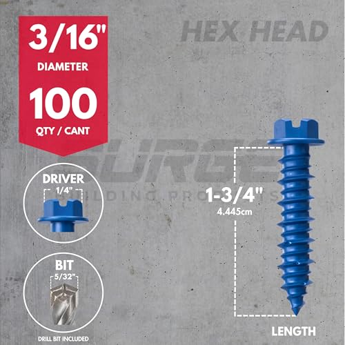 3/16" x 1-3/4" Hex Head Blue Concrete Screws with Drill Bit (Box of 100) - size: 3/16" x 1-3/4"