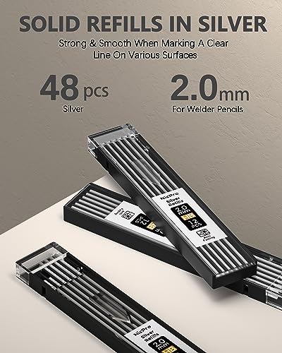 Nicpro 2mm Welder Mechanical Pencil Set with 24PCS Silver Refills, 2mm Metal Lead Holder, Carpenter Pencil with Sharpener for Welding, Cutting, Woodworking, Metals Alloys Wood Leather Material