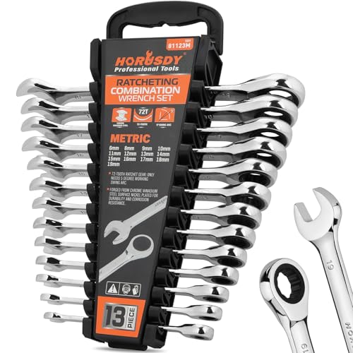 HORUSDY 13-Piece Sturdy Ratcheting Wrench Set | Metric Sizes 6–19mm | Max Torque Ratchet Combination Wrenches Set with Storage Rack | 72-Tooth | Chrome Vanadium Steel - style: 13pcs Metric Ratchet Wrench Set