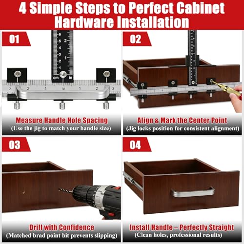 Cabinet Hardware Jig, Cabinet Handle Jig with Center Punch and Drill Bits | Aluminum Adjustable Drill Guide Template Tool for Door, Drawer Handles and Pulls