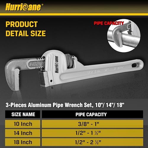 HURRICANE 3-Piece Aluminum Pipe Wrench Set (10", 14", 18"). Lightweight & Reliable Plumbing Wrench Kit for Home Maintenance and DIY Projects - size: 10/14/18 Inch
