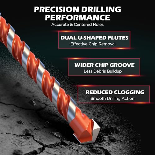 10-Piece Masonry Drill Bit Set, 6-Inch Carbide Tipped Concrete Drill Bits with Hex Shank for Brick, Cement, Tile, Wood and Light Metal, Fast Drilling and Chip Removal
