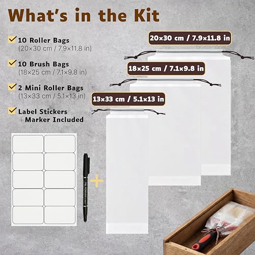 24 Pcs Paint Brush Covers & Roller Covers,Clear Plastic Paint Poncho Wet Brush Storage Bags,Keep Paint Roller Wet Saver with Drawstring,3Sizes,Includes Label Stickers & Marker,House Painting Supplies