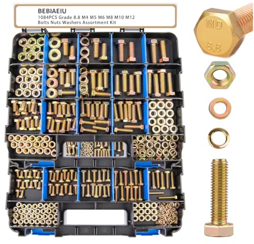 1084pcs Metric Bolt Assortment – 8.8 Grade, M4 M5 M6 M8 M10 M12 Heavy Duty Hex Bolts and Nuts Kit, Yellow Zinc Plating for Outdoor, Durable Storage Case, Ideal for DIY, Automotive, Length: 12-40mm