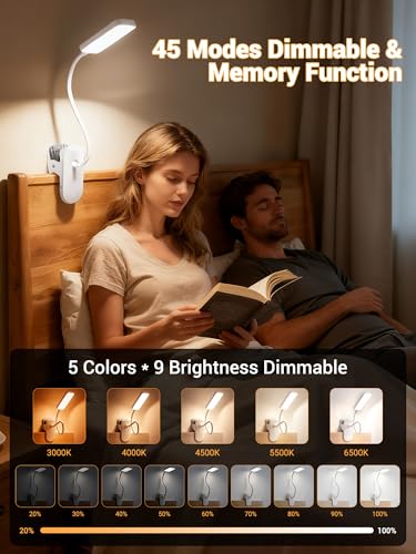 Clip on Lamp, 9 Brightness+5 Colors Reading Lights for Books in Bed Lamp - color: White