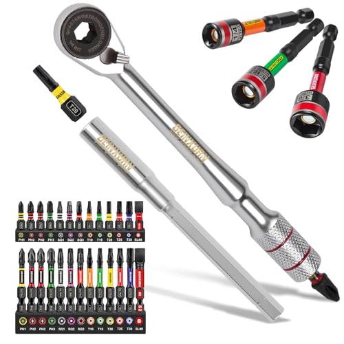Geinxurn 33Pcs T-Handle Ratchet Wrench Set,72-Tooth 1/4" Reversible Ratchet with Nut Driver, Extension Bar, and 1”Impact Magnetic (Phillips/Torx/Slotted) Screwdriver Bit in Coded Base for Repair - size: 33pcs-NutDriver