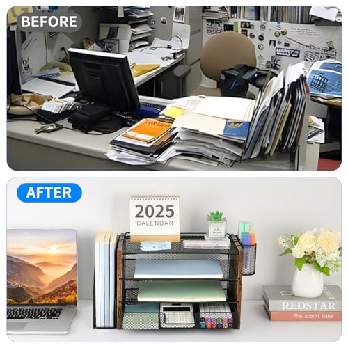 OPNICE Desk Organizer, 4-Tier Desktop File Organizer with Drawer and Pen Holders, Office Desk Accessories, File Sorters, Workspace Organizers for Office Supplies(Brown Wood) - color: Brown Wood, size: 4T