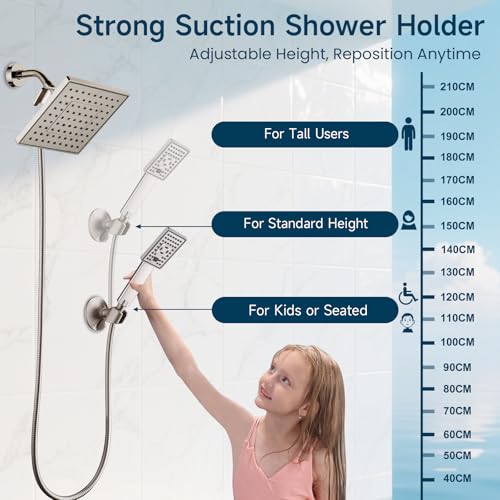 BRIGHT SHOWERS Handheld Shower Head Holder with Dual Angle Positions, Wall Suction Bracket Includes Adhesive 3M Disc, No Tools Required and Easy Installation, Brushed Nickel Finish - color: Brushed Nickel, style: Suction & Adhesive - 2 Angles
