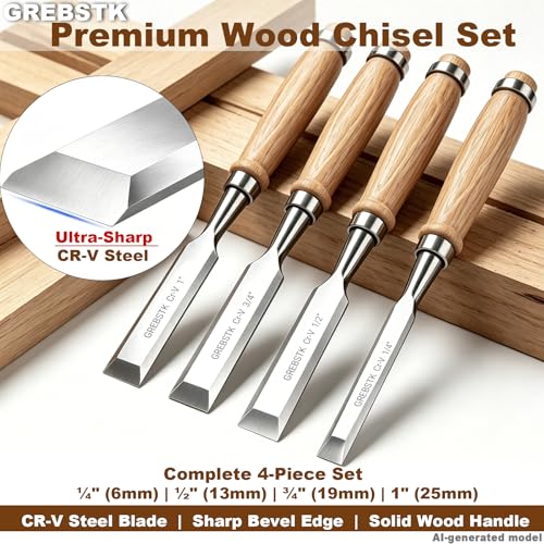 GREBSTK 4 Piece Wood Chisel Set CR-V Steel Sharp Bevel Edge for Woodworking