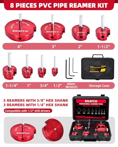 ERAYCO 8-Piece PVC Pipe Reamer Kit with 1/2", 3/4", 1", 1-1/4", 1-1/2", 2", 3", 4" Heads, 4-Sided Carbide Aluminum Fitting Saver, Plumbing Tools for Schedule SCH40 PVC, CPVC or ABS - size: 1/2+3/4+1+1.25+1.5+2+3+4 Inch