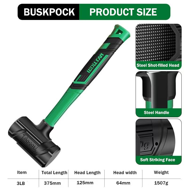 Dead Blow Hammer, Rubber Mallet with Non-Slip Grip, Marring Resistant (3LB) - size: 3LB