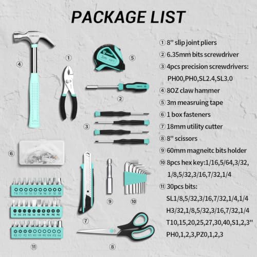 DEKOPRO 50 Piece General Household Hand Tool Kit with Plastic Toolbox Storage Case, All Purpose Home Tool Kit Includes Essential Tools for Office College Repairs - Turquoise - color: Turquoise-50pcs