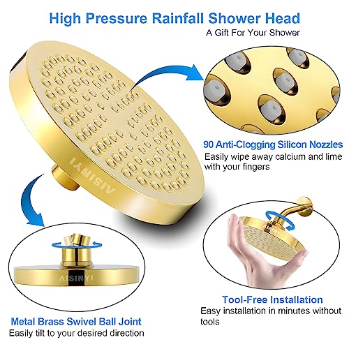 6" High Pressure Rain Shower Head, Luxury Gold Plated Finish - color: Deluxe Gold, size: 6 Inch Round (1 PCS)
