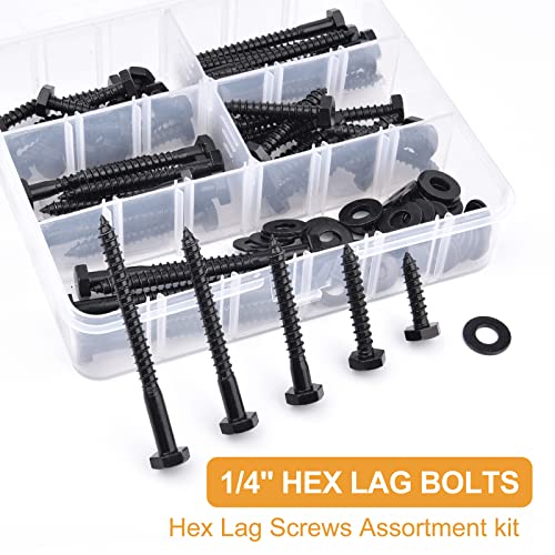 1/4" Hex Lag Bolts Stainless Steel 18-8 (304), VIGRUE 108PCS Black Oxidized, Hex Lag Screws Heavy Duty Wood Screws Washers Assortment Kit, Length Include 1" 1-1/2" 2" 2-1/2" 3"