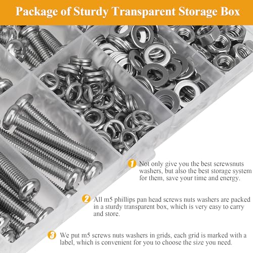 242 Pieces M5 Machine Screws Nuts Washers Set, Sutemribor M5 x 8/10/12/16/20/25/30mm Phillips Pan Head Machine Screws Nuts Washers Assortment Kit, 304 Stainless Steel, Fully Threaded - size: M5 Screws Kit, style: Phillips Pan Head