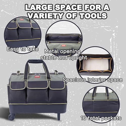 rolling tool bag with wheels for Electrician HVAC Tool Bag Organizer ，Hidden pull rod, plastic bottom, lightweight