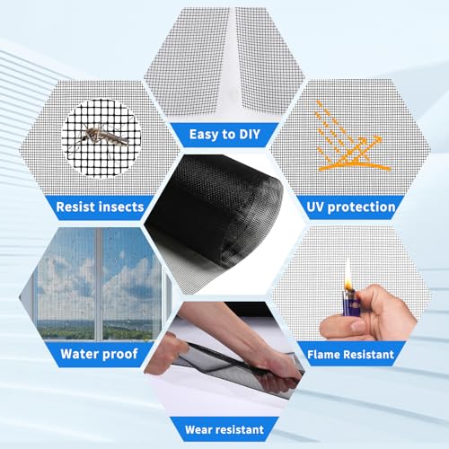 Window Screen Repair Kit, 48"x118" Screen Door Mesh Replacement Kit, Durable Fiberglass Black Window Screen kit with Tools, Rolling, Hook, Spline, Clips for Windows Doors Patio and Porch