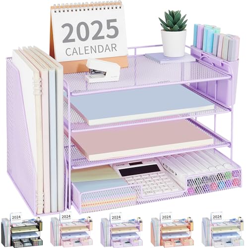 OPNICE Desk Organizer, 4-Tier Desktop File Organizer with Drawer and Pen Holders, Office Desk Accessories, File Sorters, Workspace Organizers for Office Supplies(Purple) - color: Purple, size: 4T