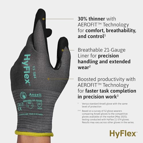 Ansell HyFlex Cut Resistant Touchscreen Work Gloves with Aerofit Precision Comfort Technology - size: Size 6 (XS), style: 12 Pairs