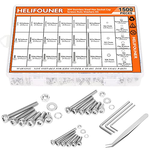 HELIFOUNER 1500 Pieces M2 M3 M4, 304 Stainless Steel Hex Socket Cap Metric Screws Bolts Washers Nuts Hardware Assortment Kit with Hex Wrenches - style: Socket Head