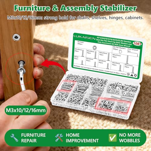1081 Pcs M3 Flat Head Screws Nuts Washers Wrench Kit, 304 SS - size: SS M3 1081pcs 1