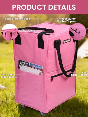 WORKPRO Medium Rolling Grocery Bag, 18-Gallon Rolling Tote with 4 Wheels - color: Pink, size: Medium