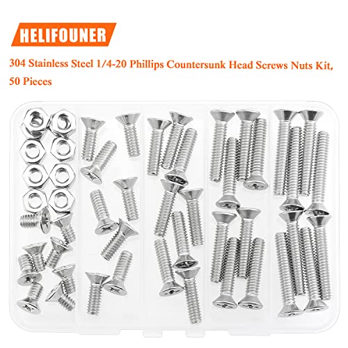 HELIFOUNER 50 Pieces 1/4-20 x 1/2" 3/4" 1" 1-1/4" 1-1/2" Phillips Countersunk Head Screws Nuts Washers Assortment Kit, Coarse Thread, Fully Machine Threaded, 304 Stainless Steel - size: 1/4-20