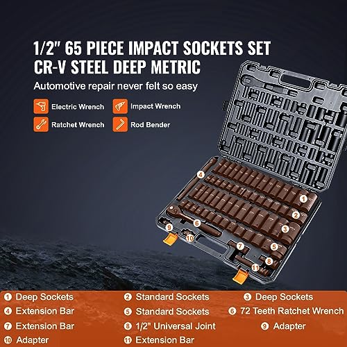 VEVOR 1/2" Drive Impact Socket Set 65 Piece, 3/8" to 1-1/4" and 10-24mm - size: 1/2" 65 PCS