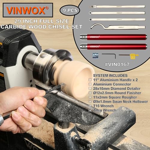 9 PCS Carbide Wood Lathe Turning Tool Set, Pen Turning tools, Including Swan Neck Hollower, Rougher, Finisher, Detailer, Aluminum Handles from 14" to 29", Fine Polished Stainless Steel Shank - size: 9pcs ALU Handle