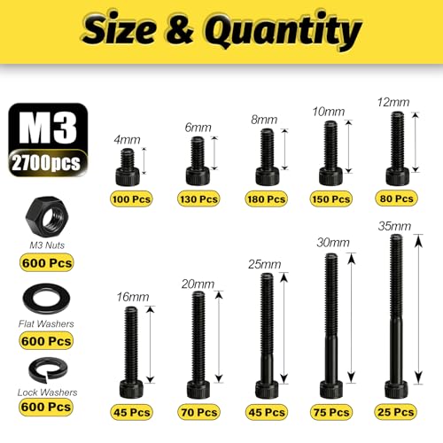 KADRICK 2700PCS M3 Screws Assortment Kit,Hex Socket Cap Head M3 Bolts Kit - size: M3 2700Pcs